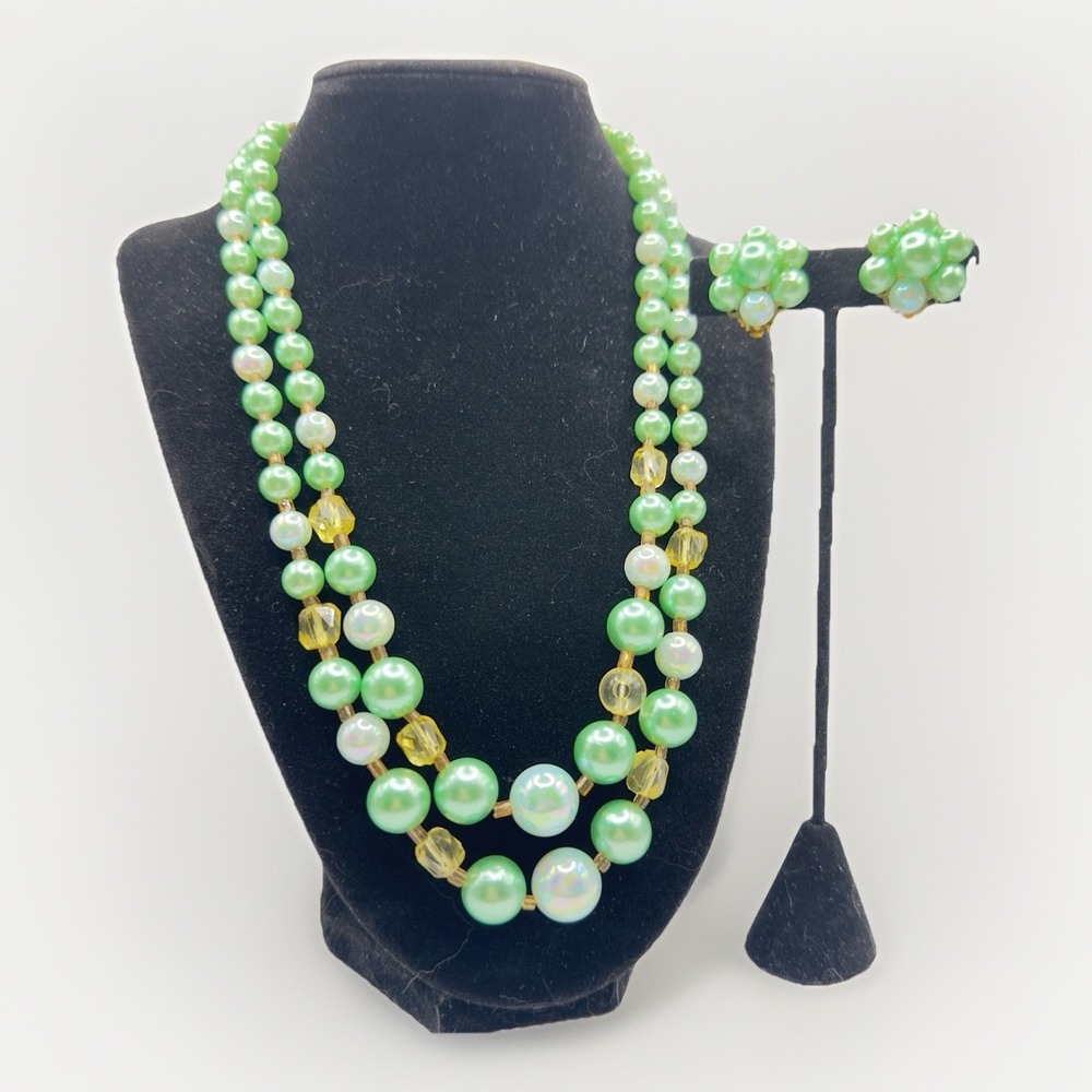 Vintage Japan Double Necklace & Clip-On Earrings Set 2 Tone Green Bead 18 Spring